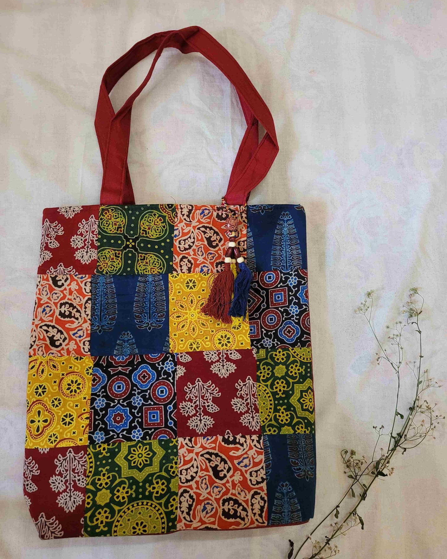 Printed Patchwork Tote - Maroon