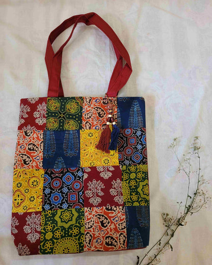Printed Patchwork Tote - Maroon