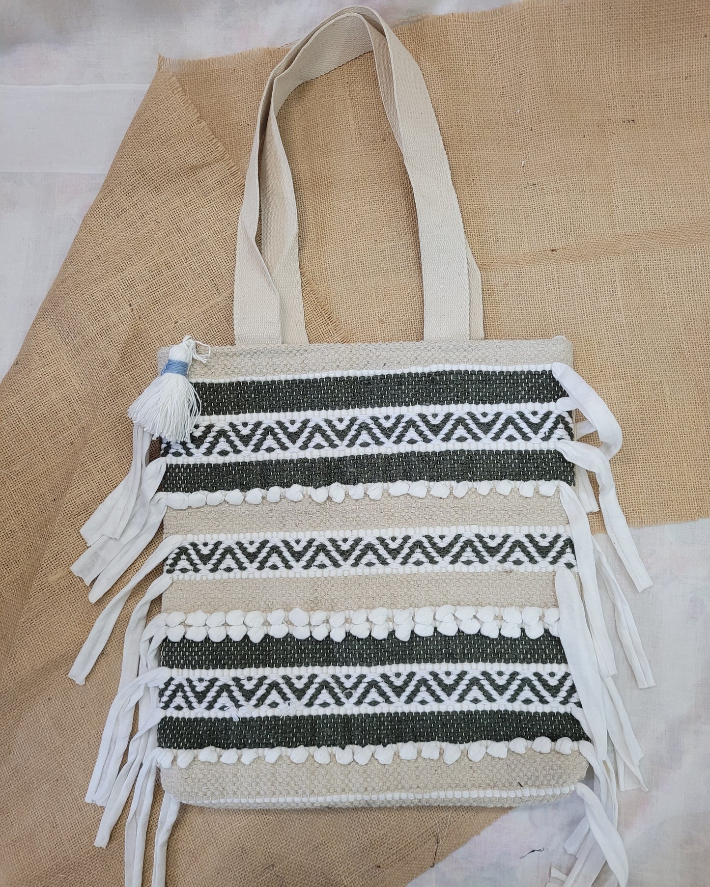 Olive Weave Fringe Handloom Tote