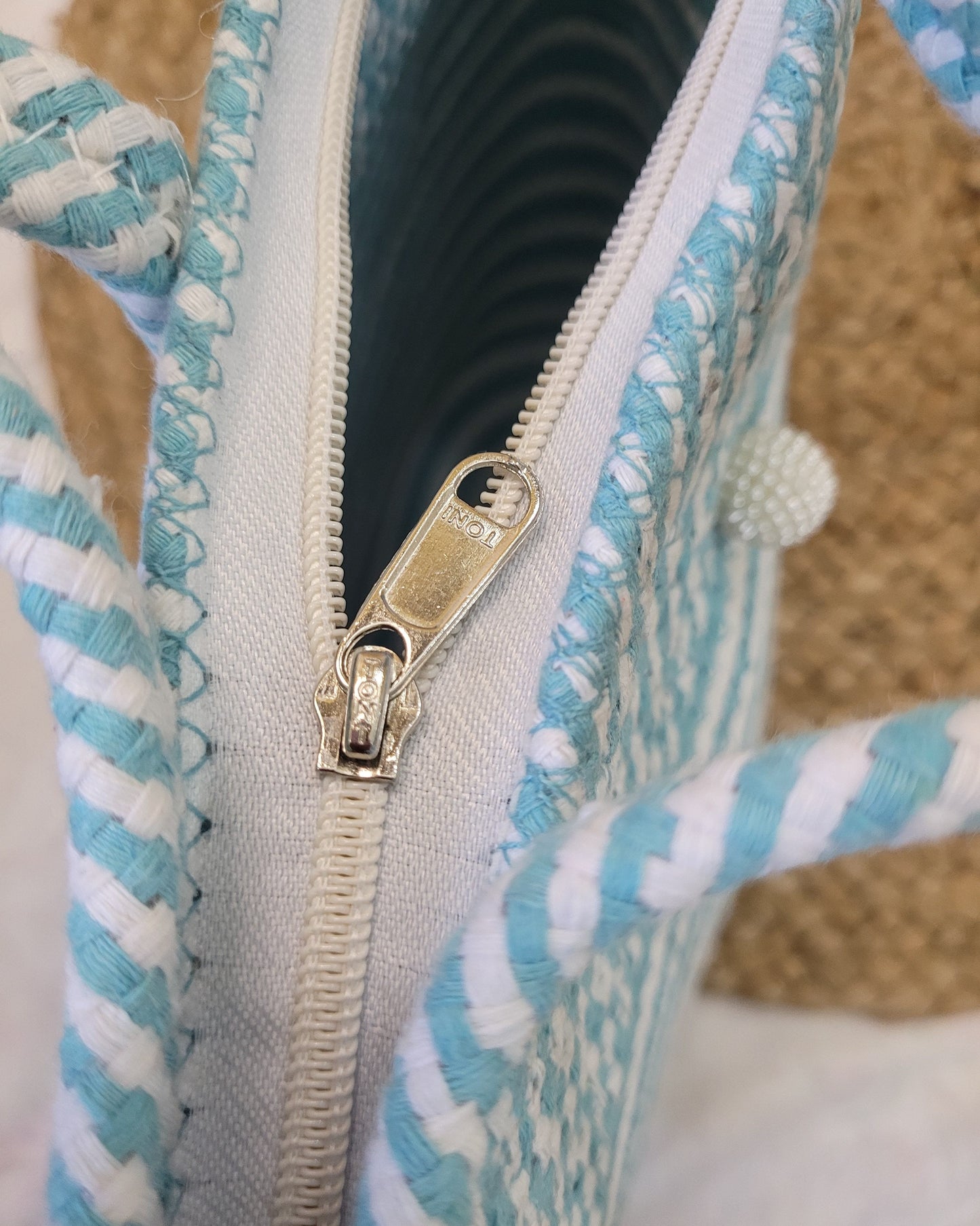 Seafoam Stripe Jute Rope Tote