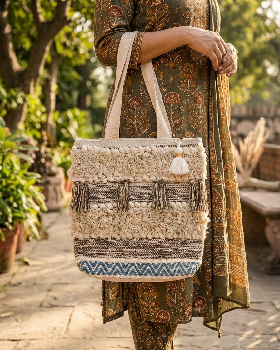 Azure Tassel Handloom Tote