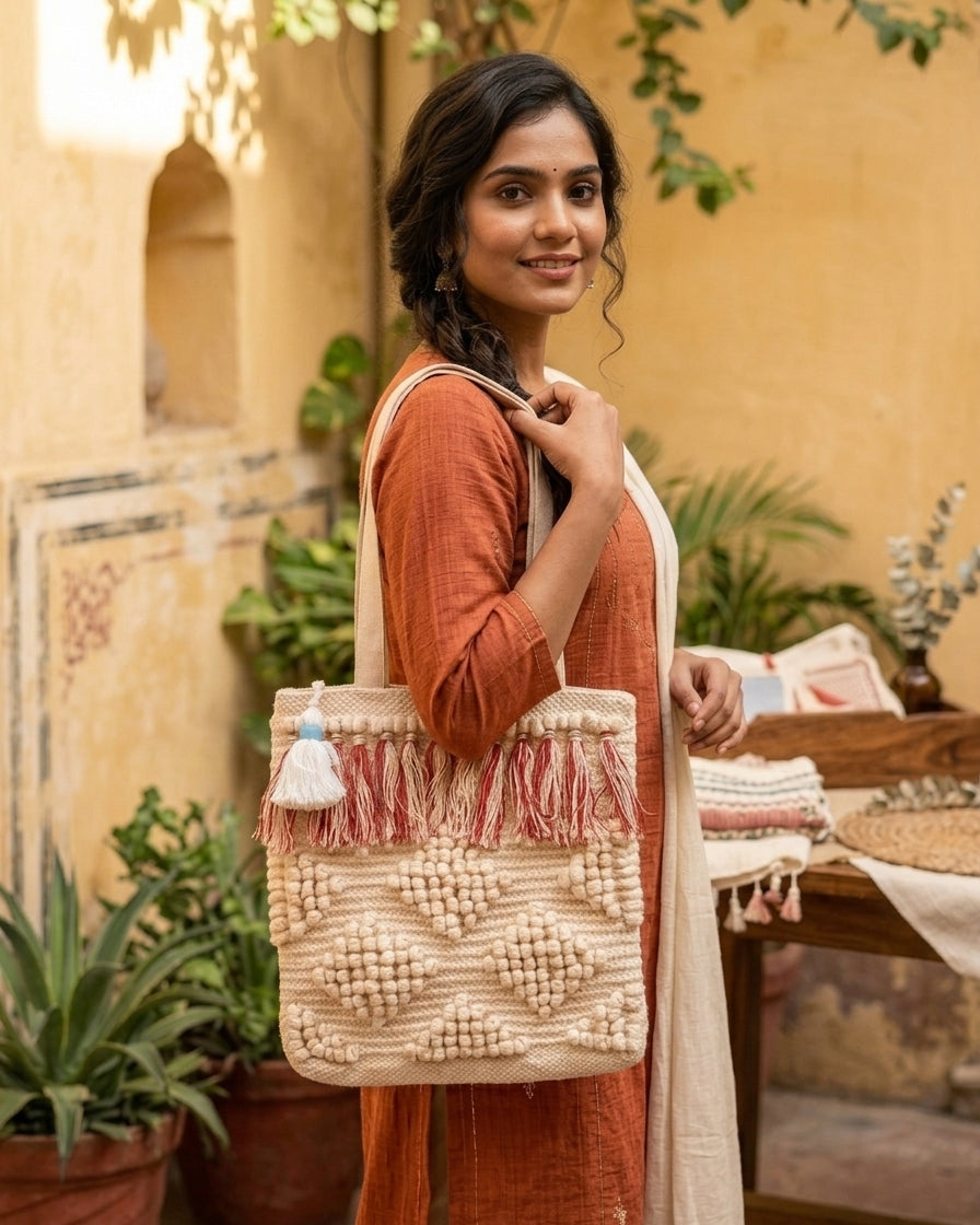 Ivory Fringe Handloom Tote