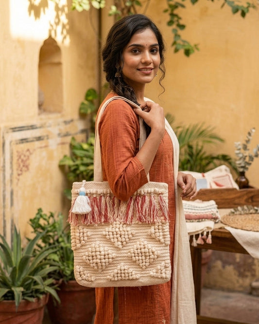 Ivory Fringe Handloom Dari Tote