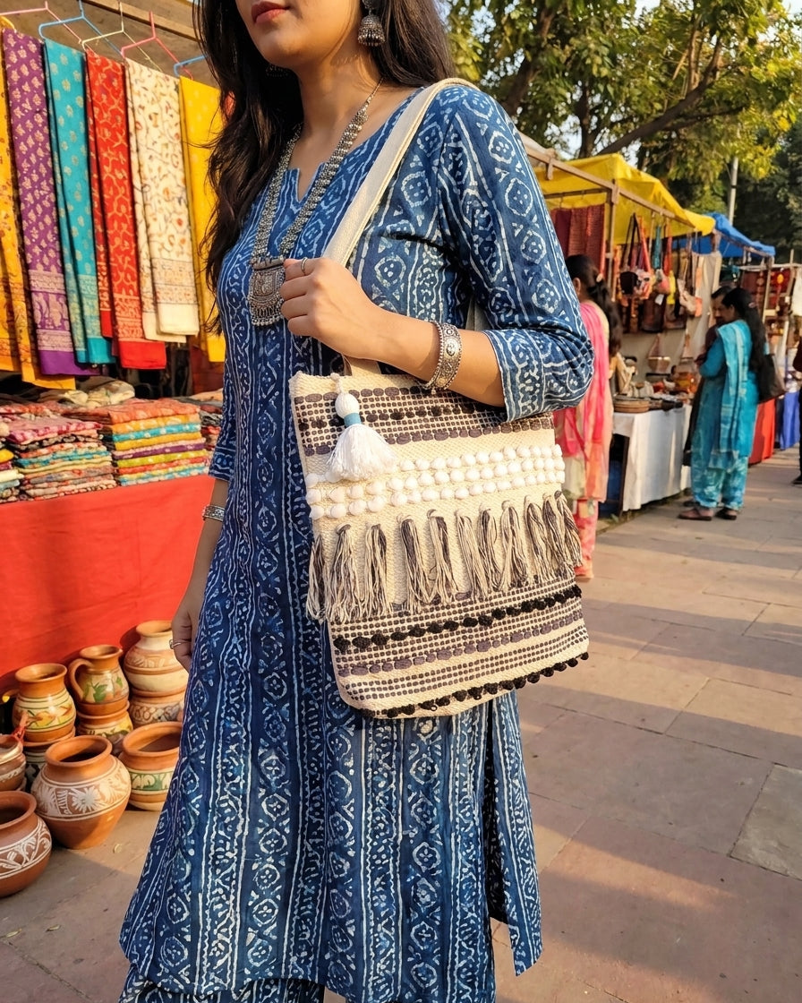 Black Fringe Handloom Tote