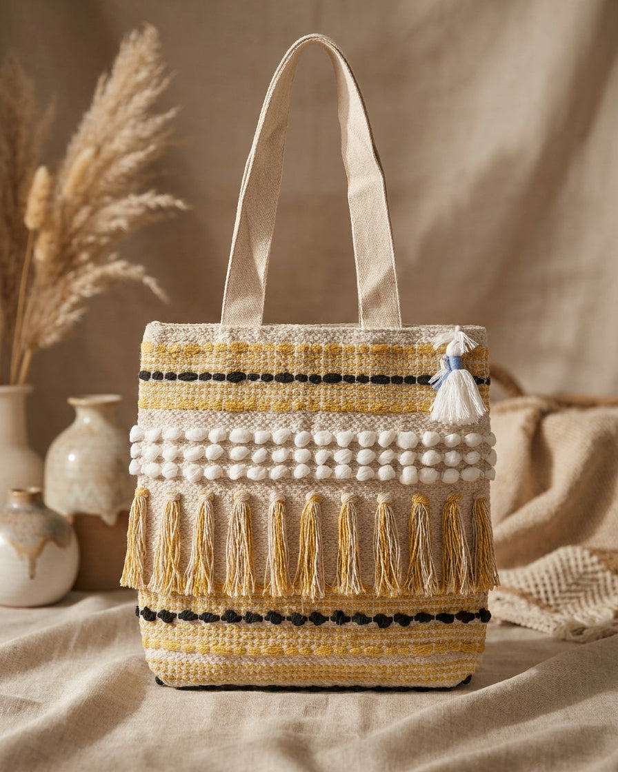 Mustard Fringe Handloom Tote