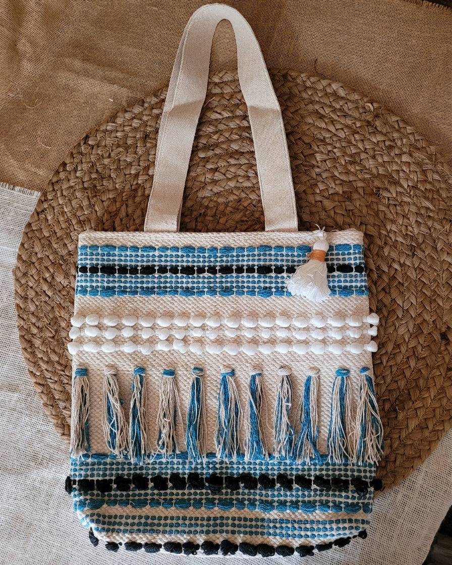 Blue Fringe Handloom Tote