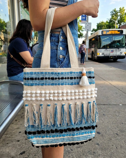 Blue Fringe Handloom Tote