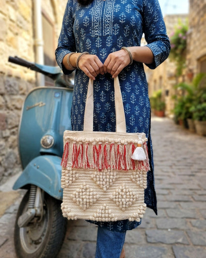 Ivory Fringe Handloom Canvas Tote