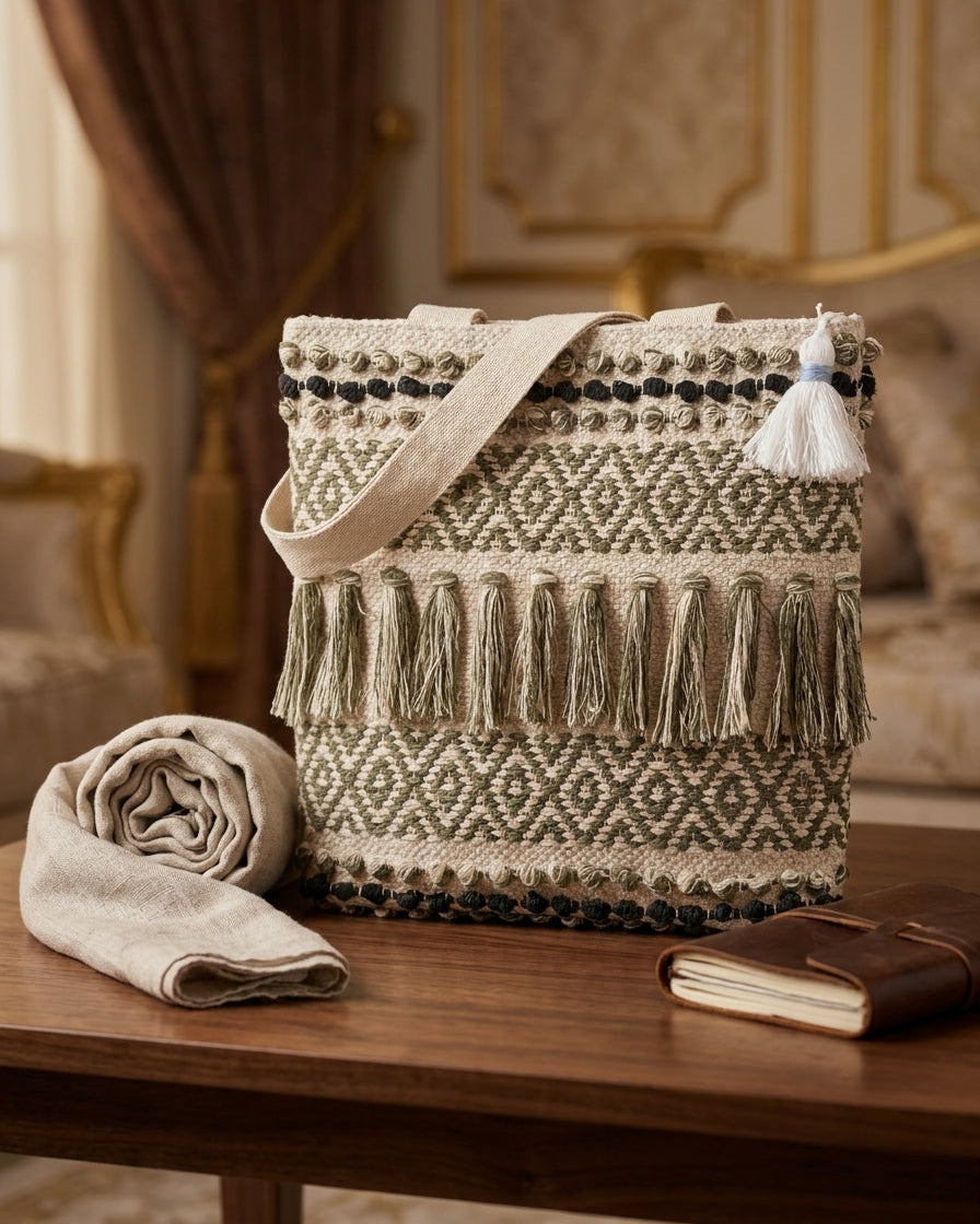Olive Fringe Handloom Tote