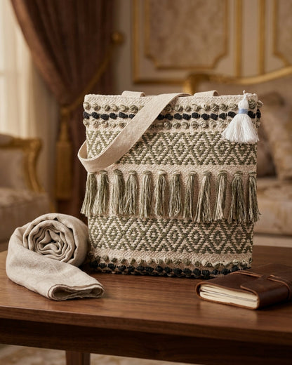 Olive Fringe Handloom Tote