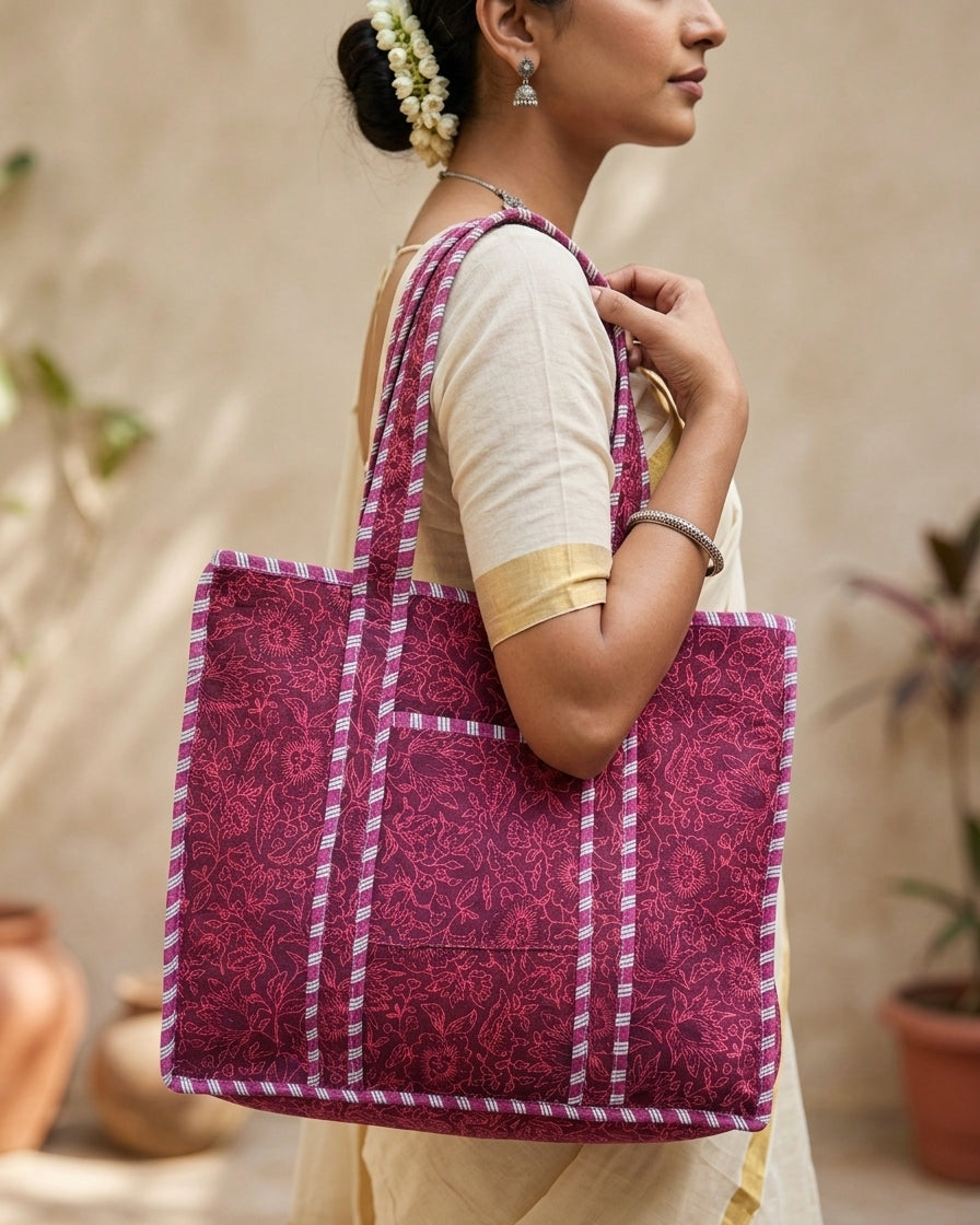 Maroon Bloom Quilted Tote