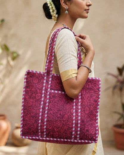 Maroon Bloom Quilted Tote