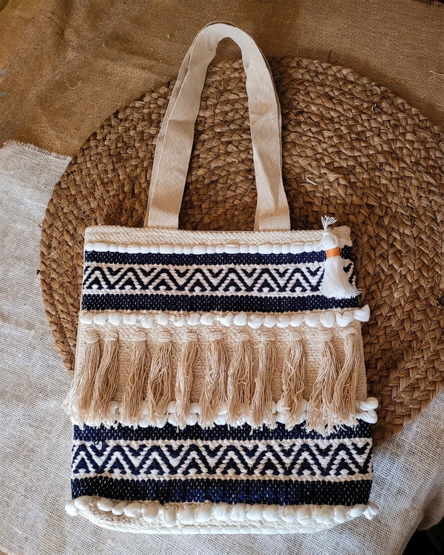 Indigo Fringe Handloom Canvas Tote