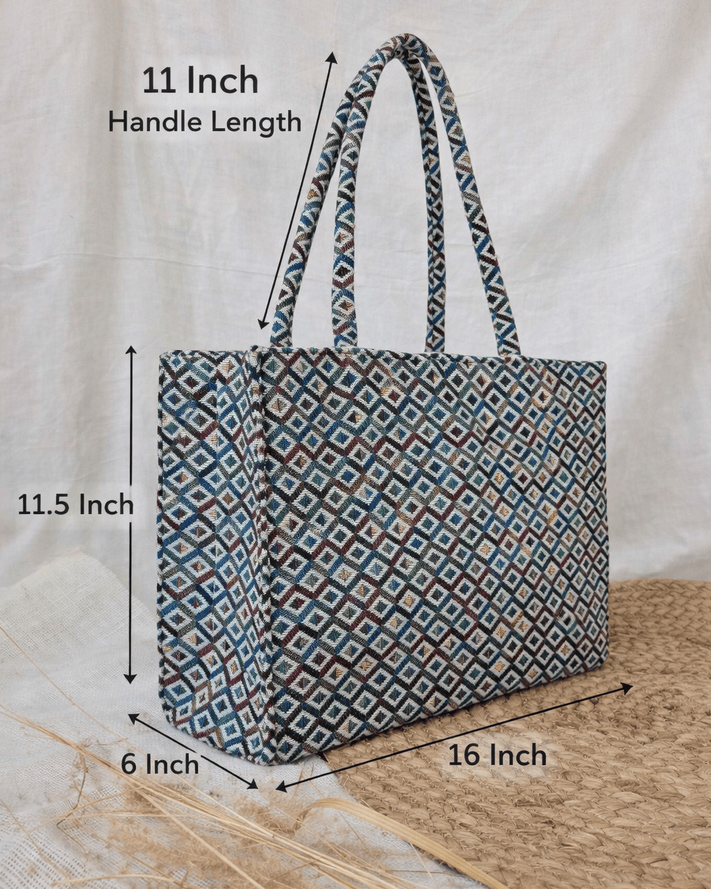 Patterned tote bag with measurements on a neutral background