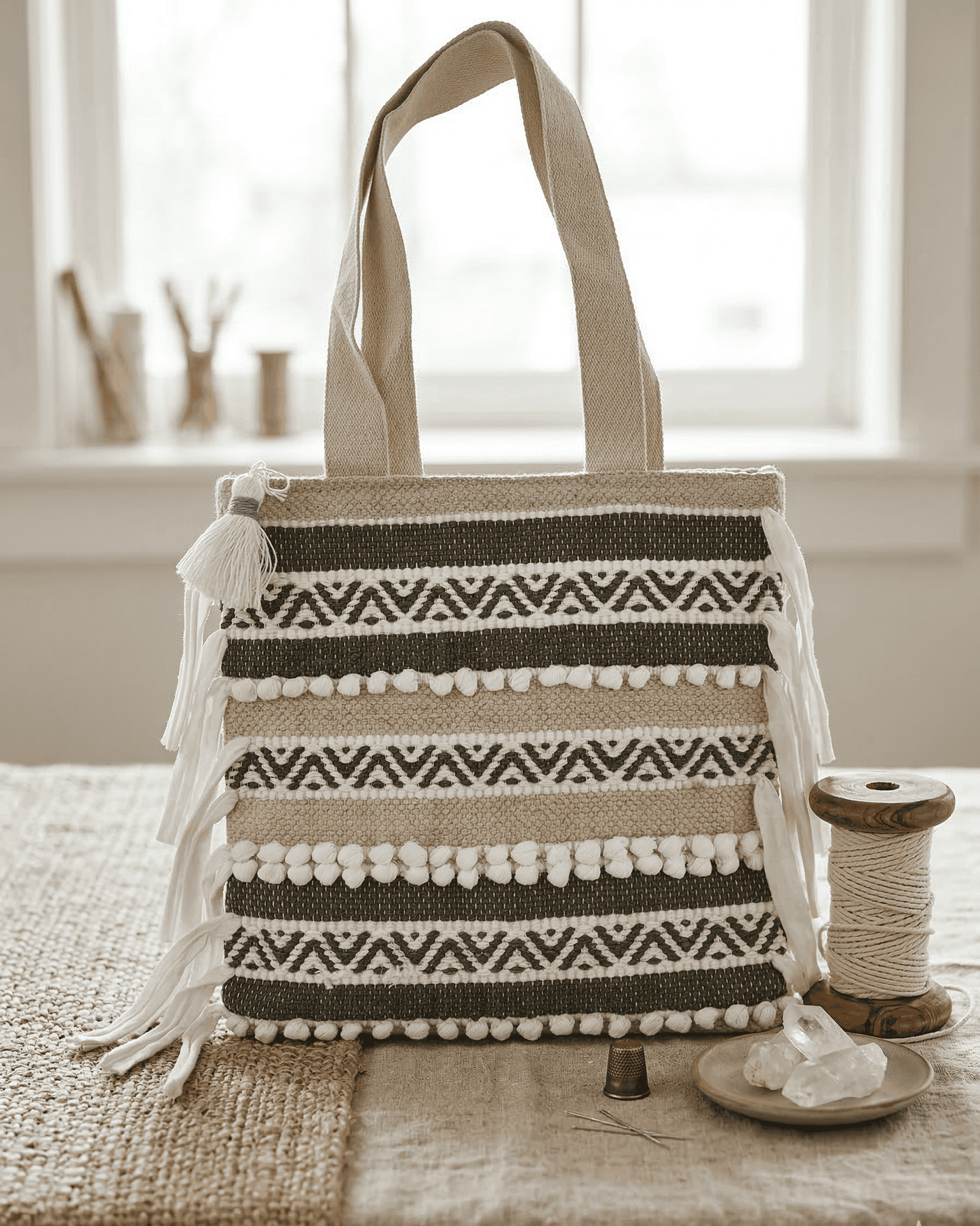 Olive Weave Fringe Handloom Tote