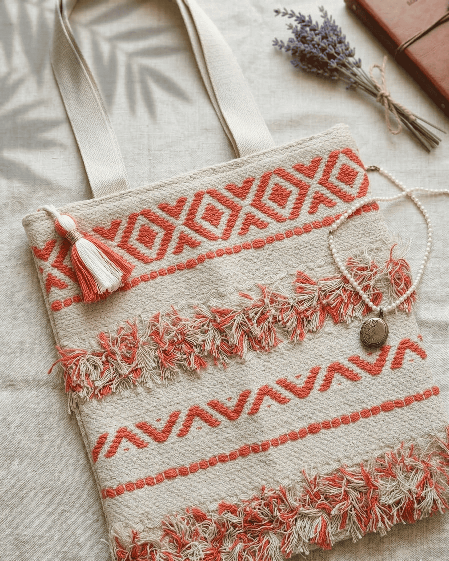 Coral Tribe Fringe Handloom Tote