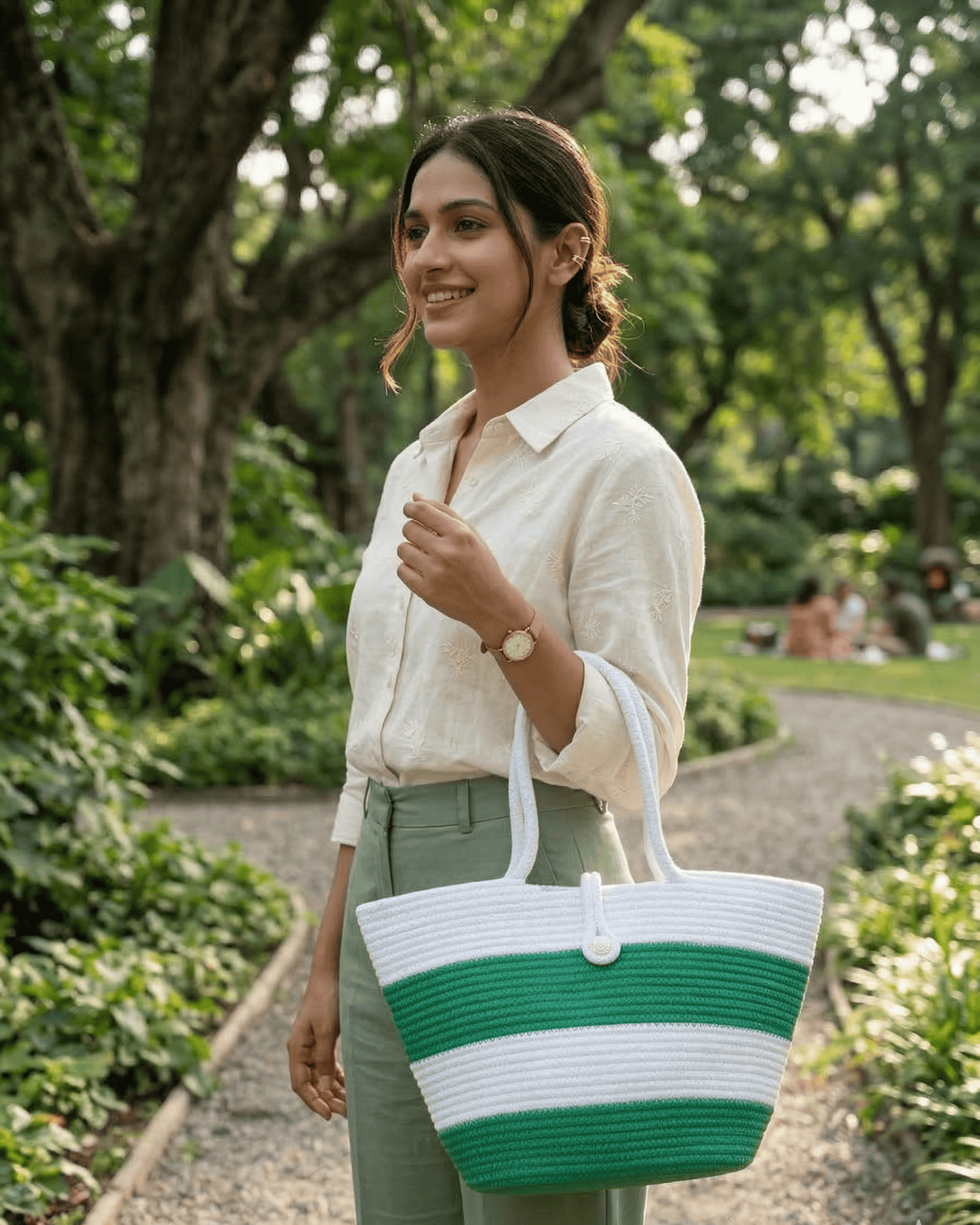 Emerald Stripe Jute Rope Tote