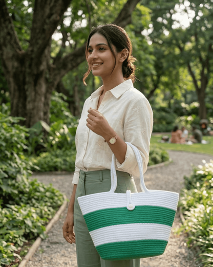 Emerald Stripe Jute Rope Tote