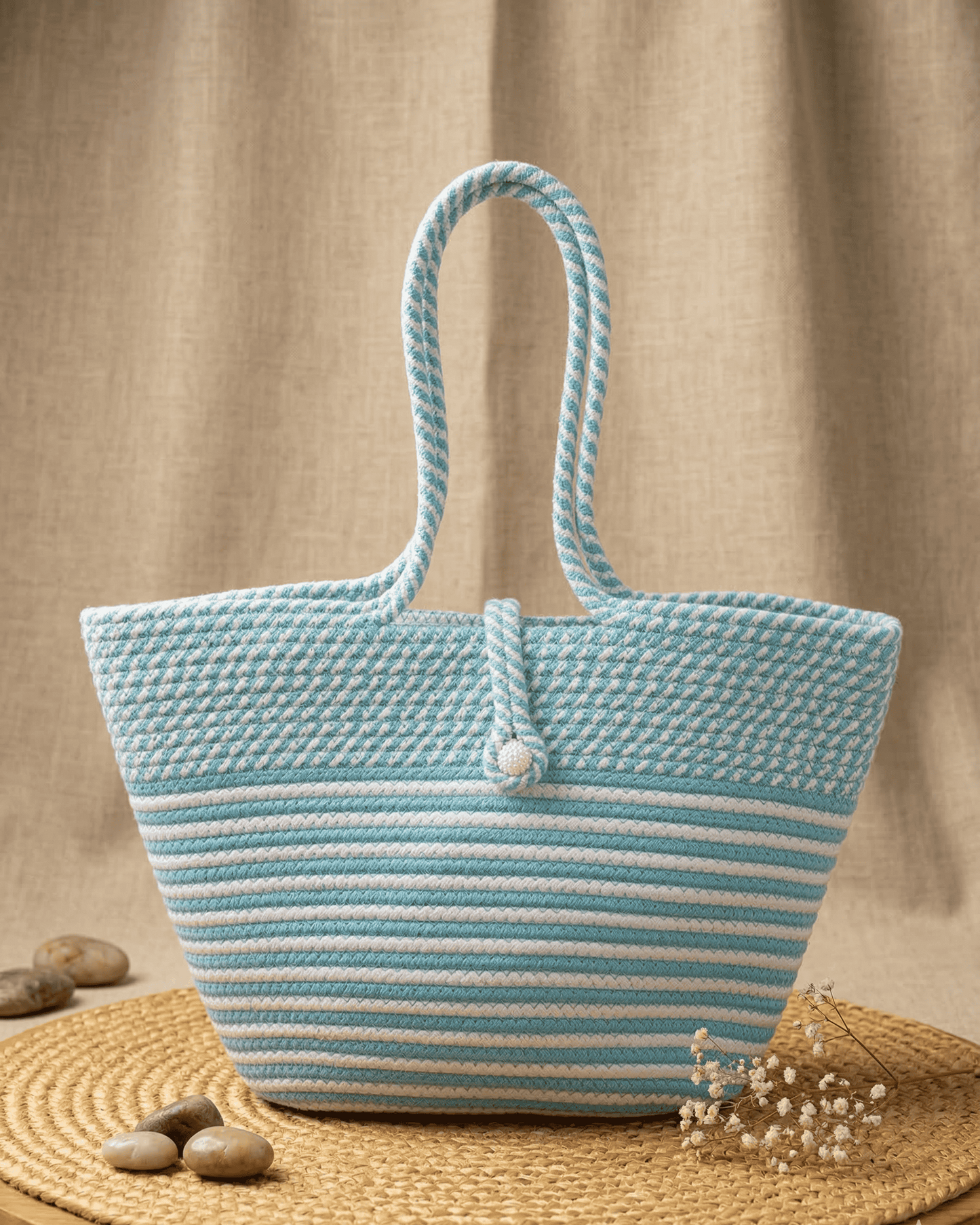 Seafoam Stripe Jute Rope Tote