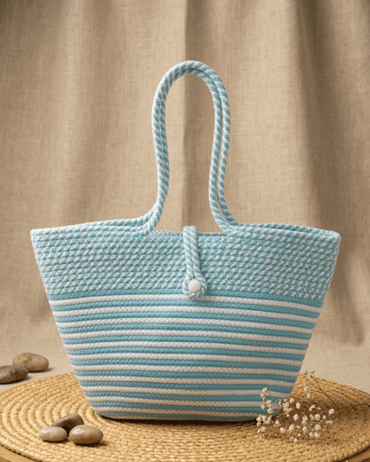 Seafoam Stripe Jute Rope Tote