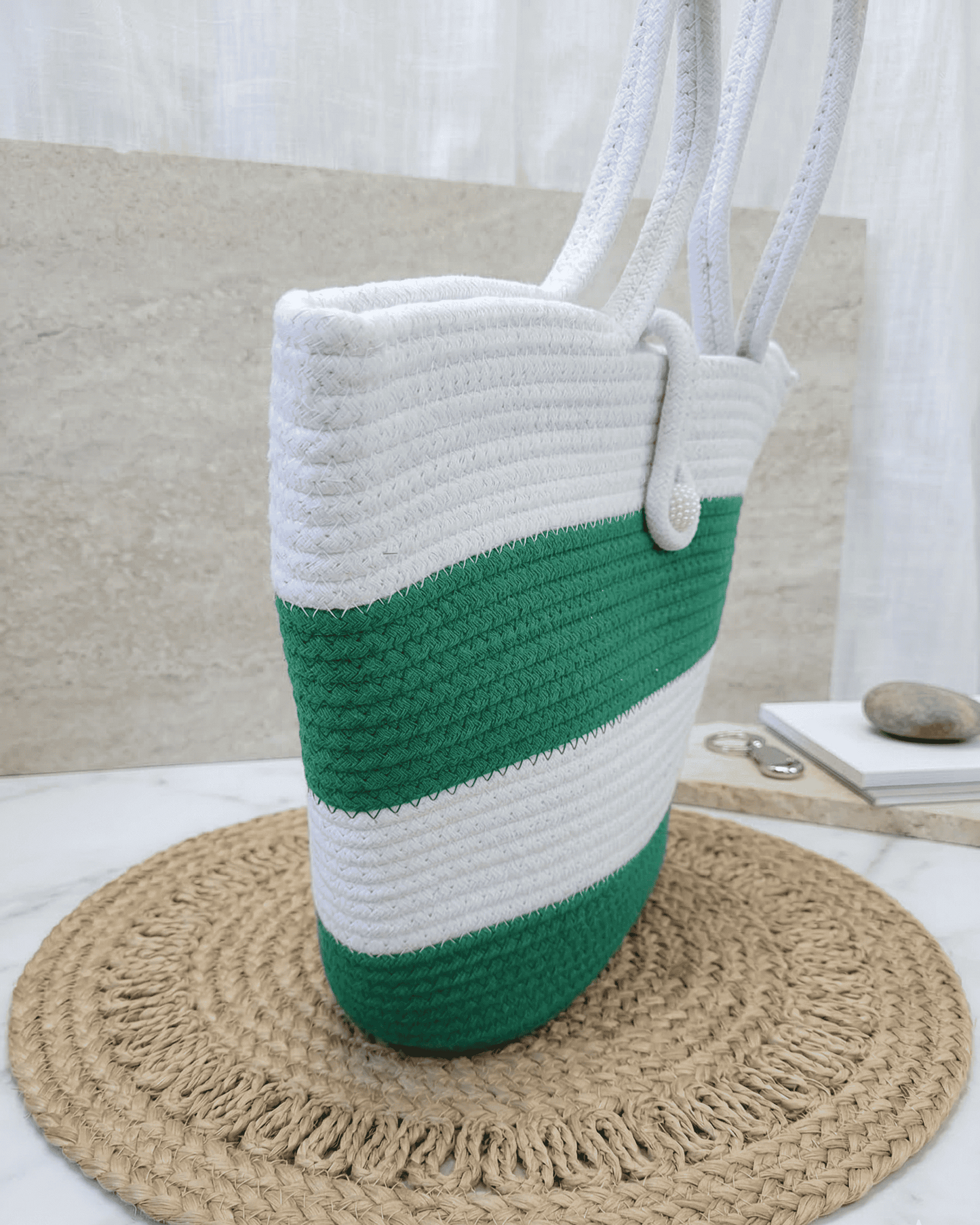 Emerald Stripe Jute Rope Tote