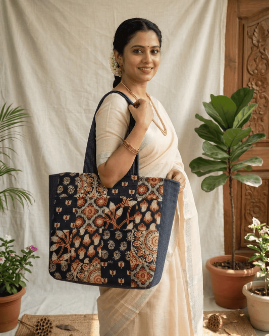 Black Ajrakh Patchwork Tote