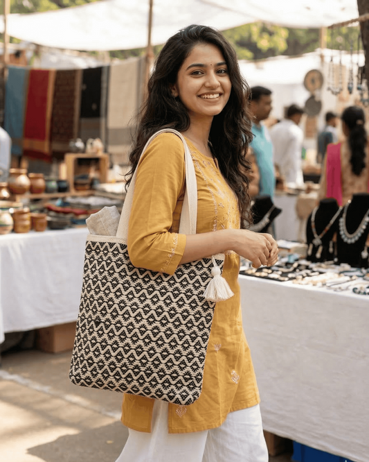 Ivory Noir Handloom Tote