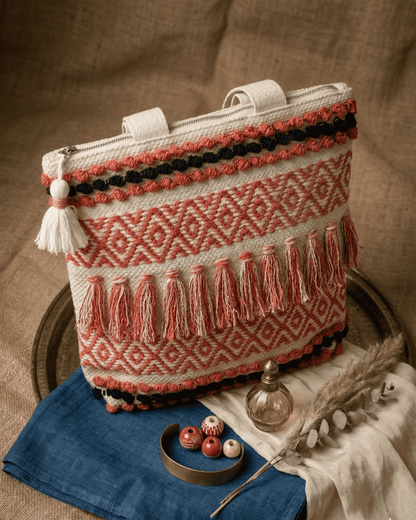 Coral Loom Fringe Tote