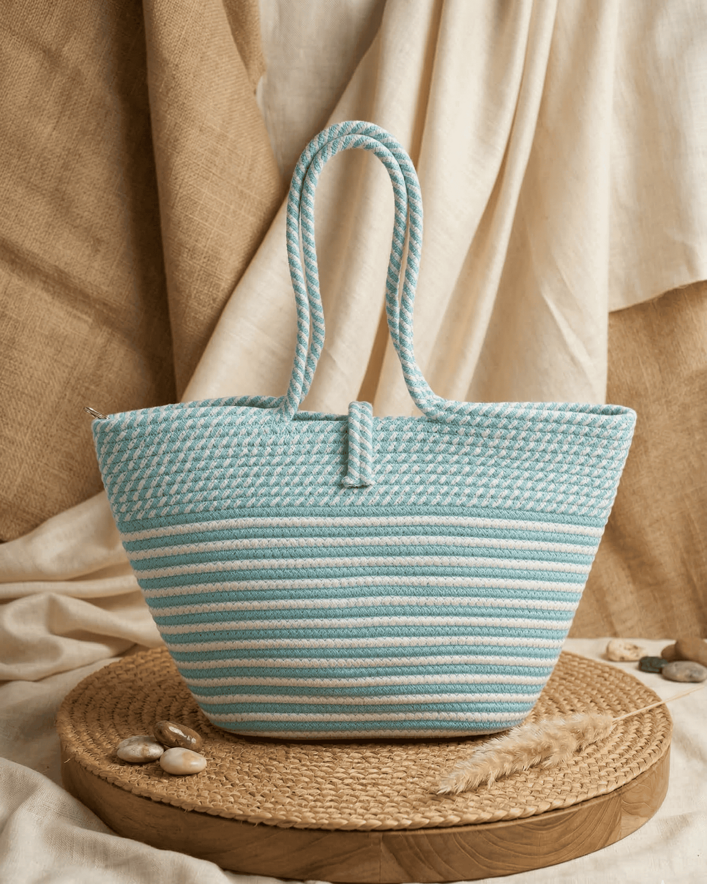 Seafoam Stripe Jute Rope Tote