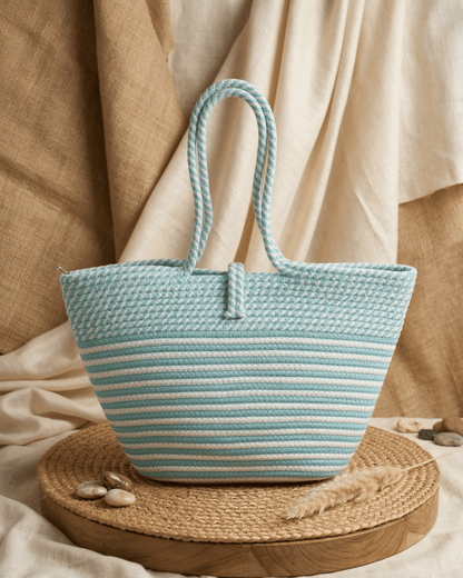 Seafoam Stripe Jute Rope Tote