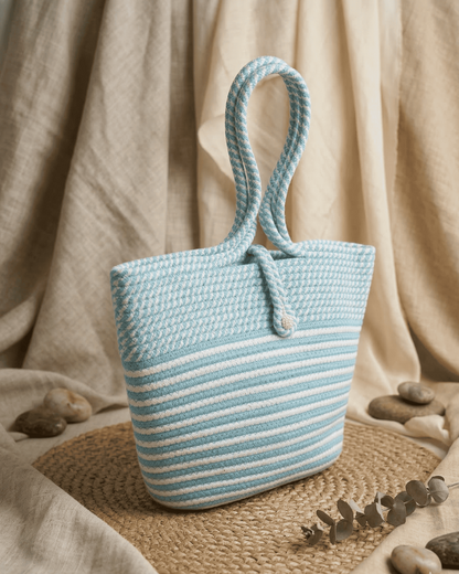 Seafoam Stripe Jute Rope Tote