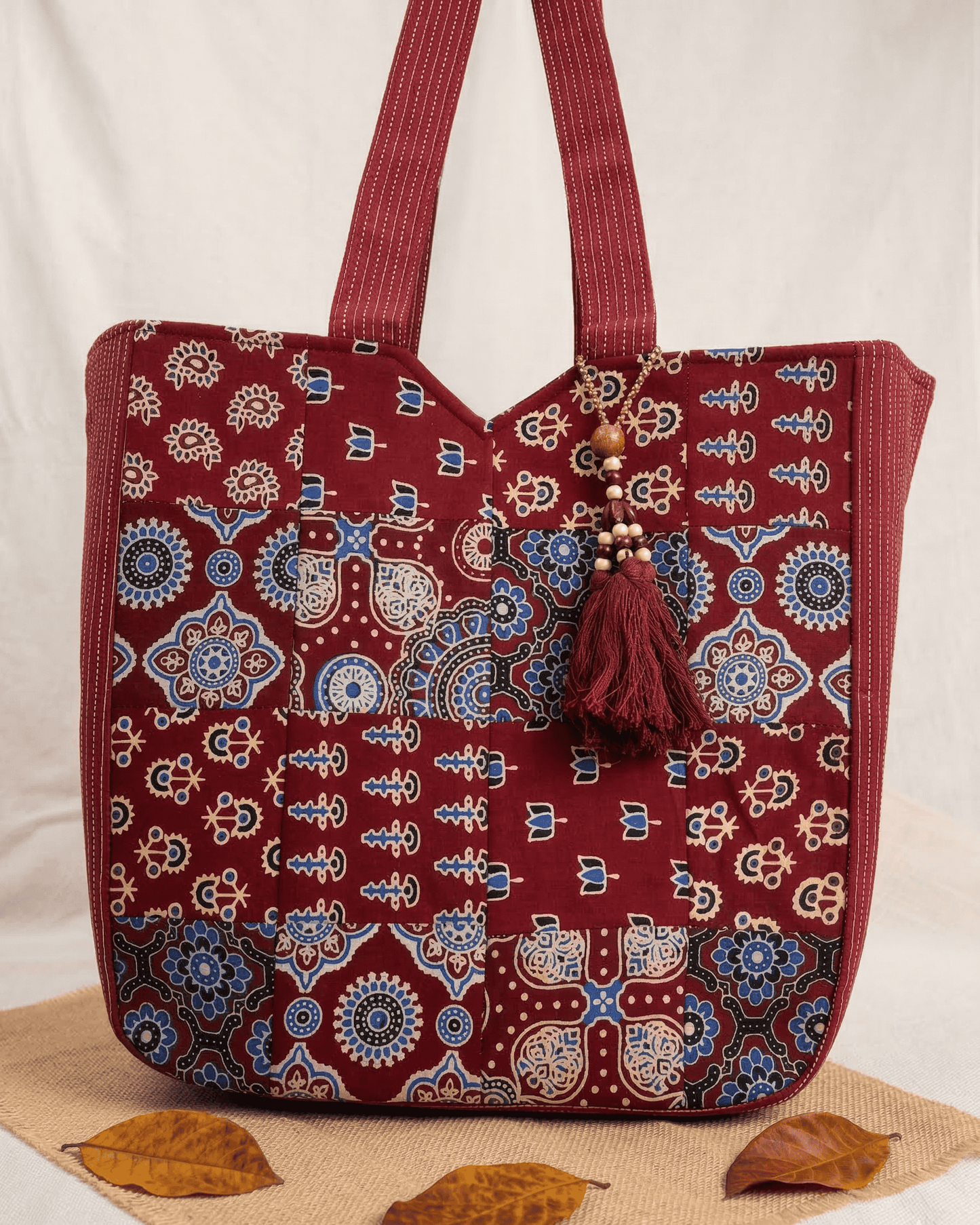 Maroon Ajrakh Patchwork Tote