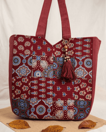 Maroon Ajrakh Patchwork Tote