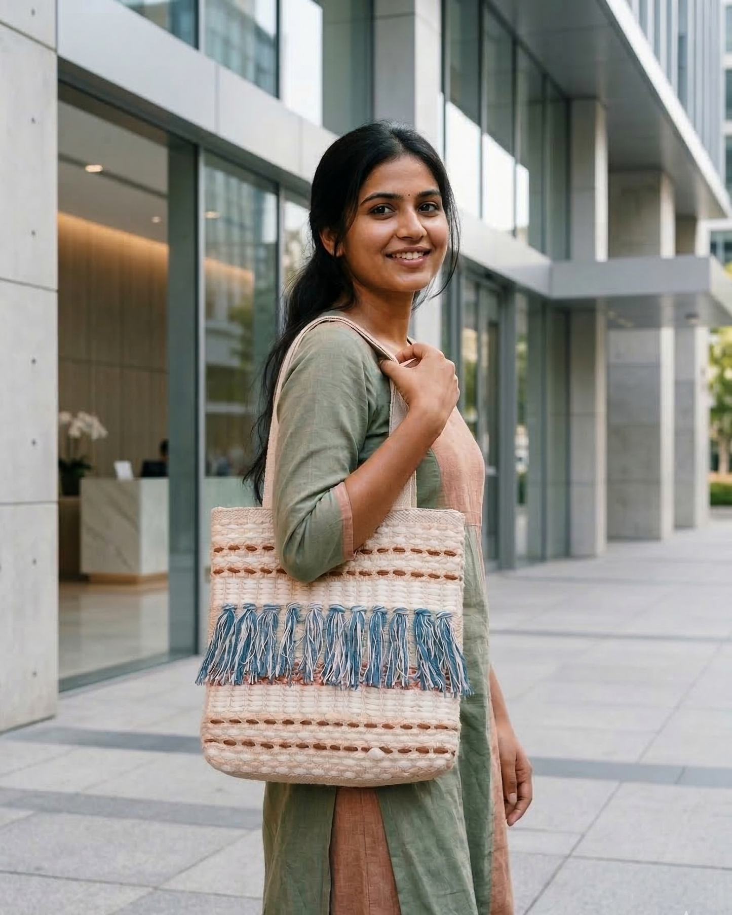 Azure Fringe Handloom Tote