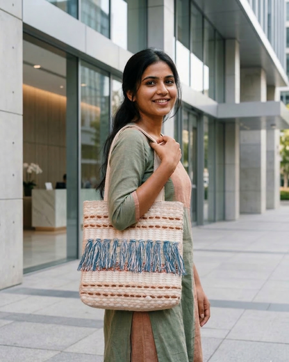 Azure Fringe Handloom Tote
