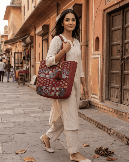 Maroon Ajrakh Patchwork Tote