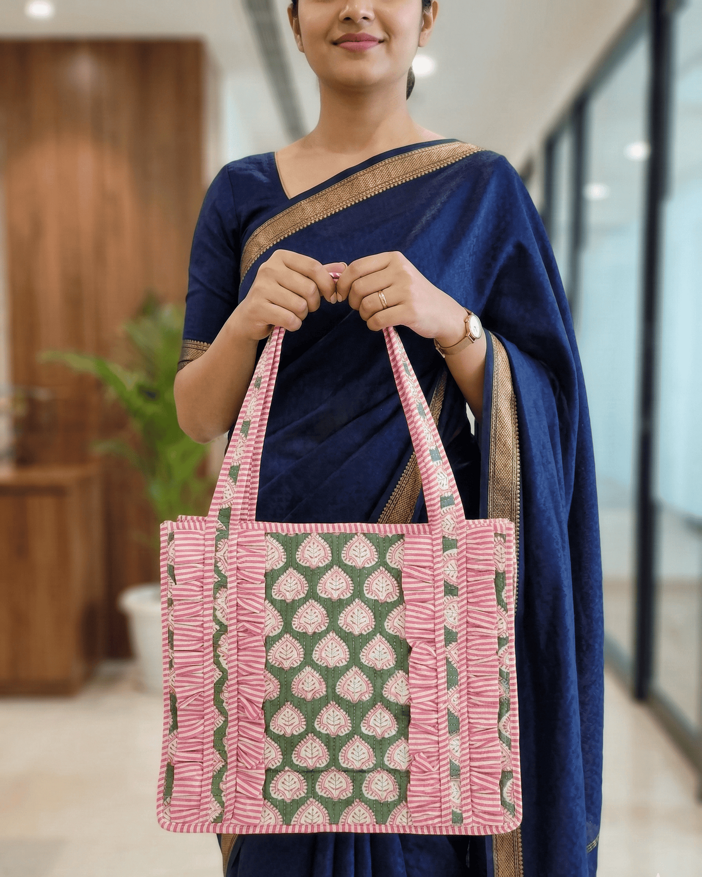 Pink Leaf Quilted Tote