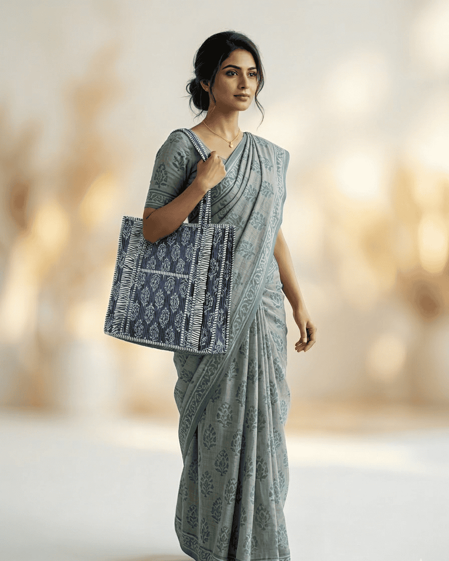 Indigo Bloom Quilted Tote