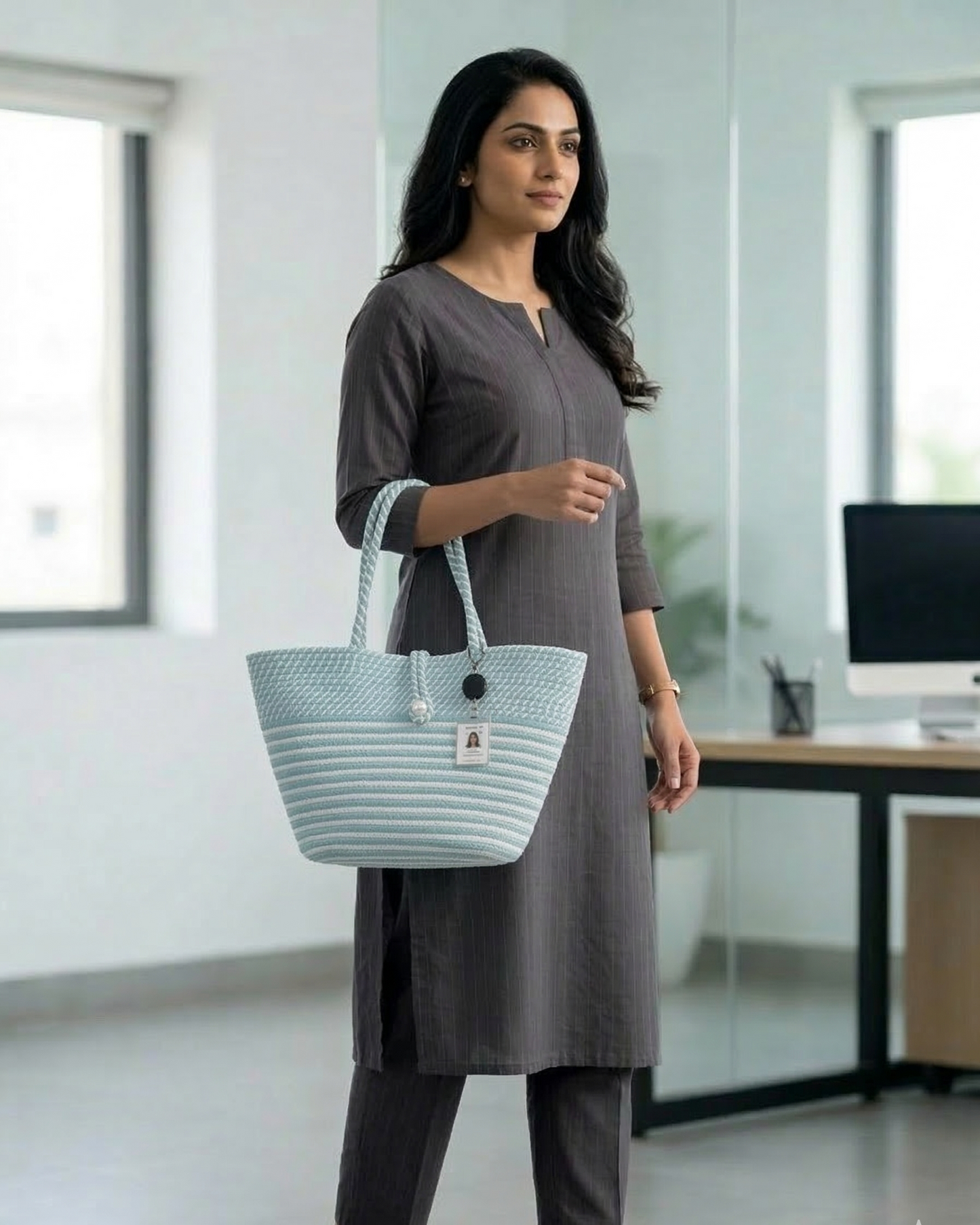 Seafoam Stripe Jute Rope Tote