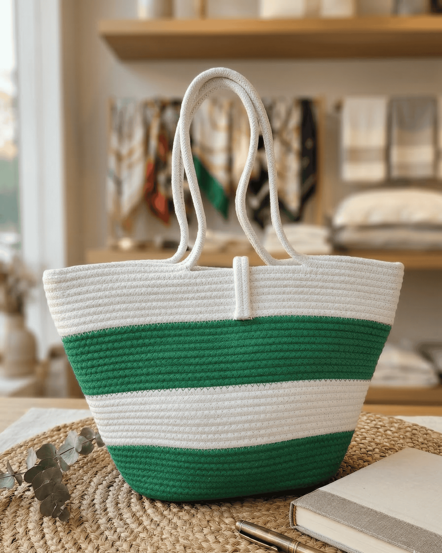 Emerald Stripe Jute Rope Tote