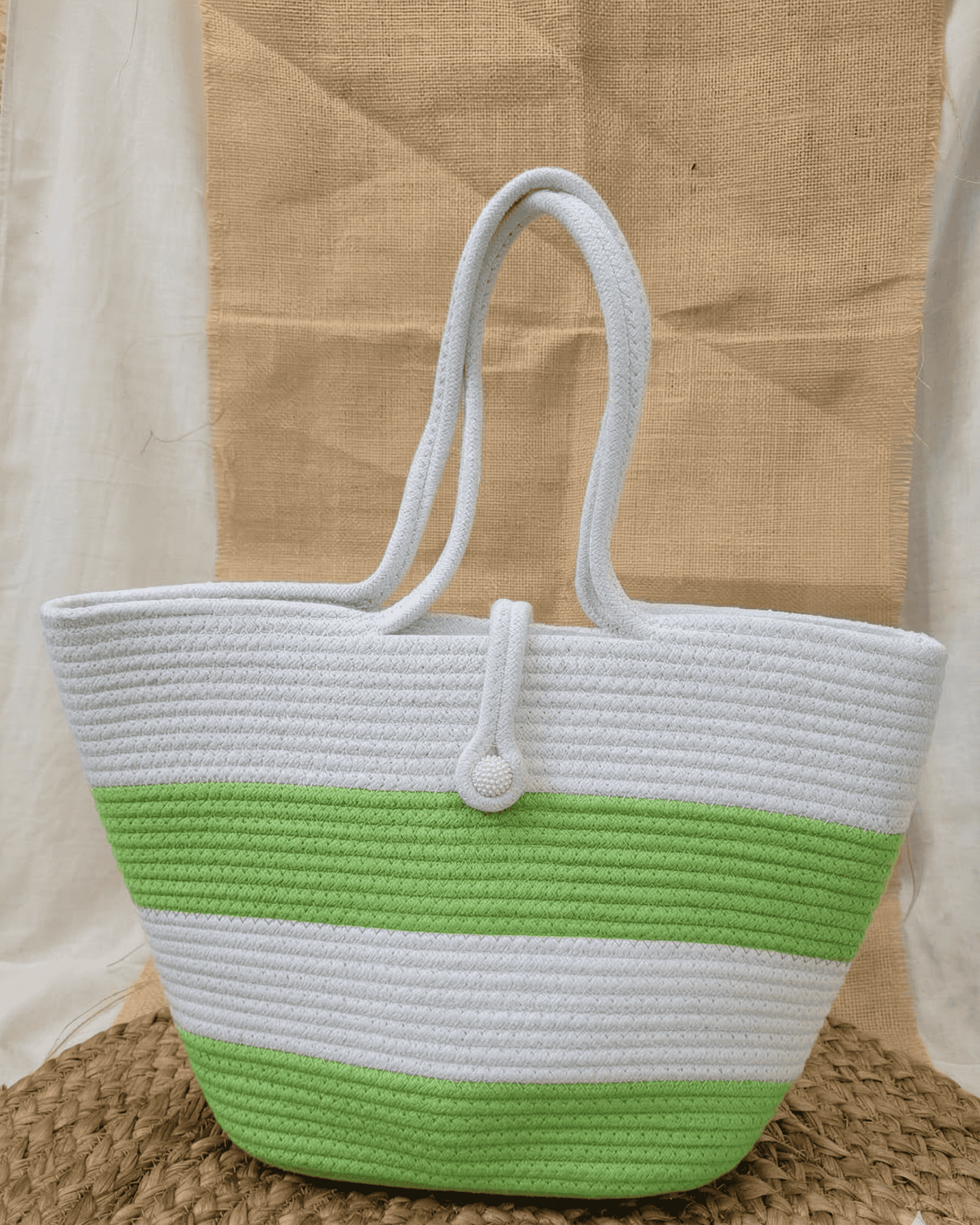 Lime Stripe Jute Rope Tote
