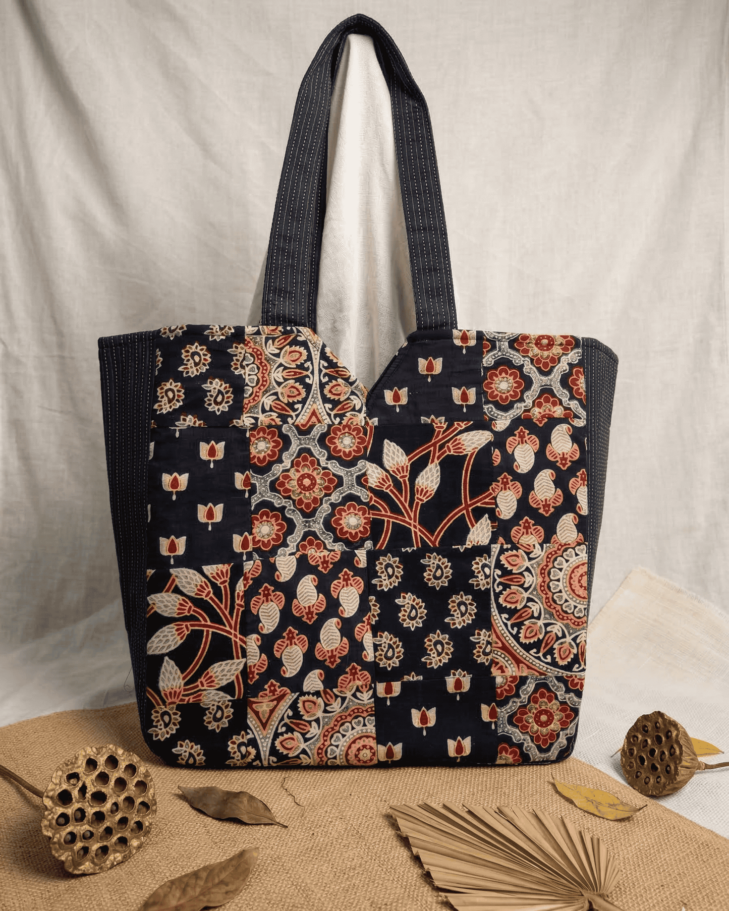 Black Ajrakh Patchwork Tote