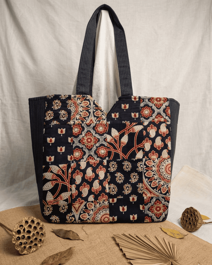 Black Ajrakh Patchwork Tote