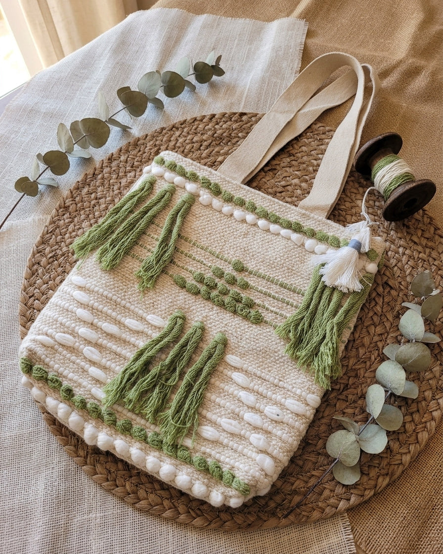 Olive Tassel Handloom Tote
