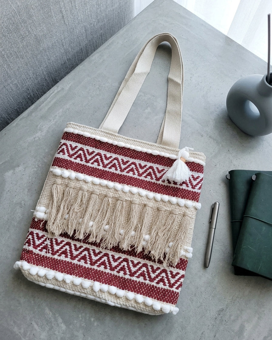 Maroon Geo Handloom Tote