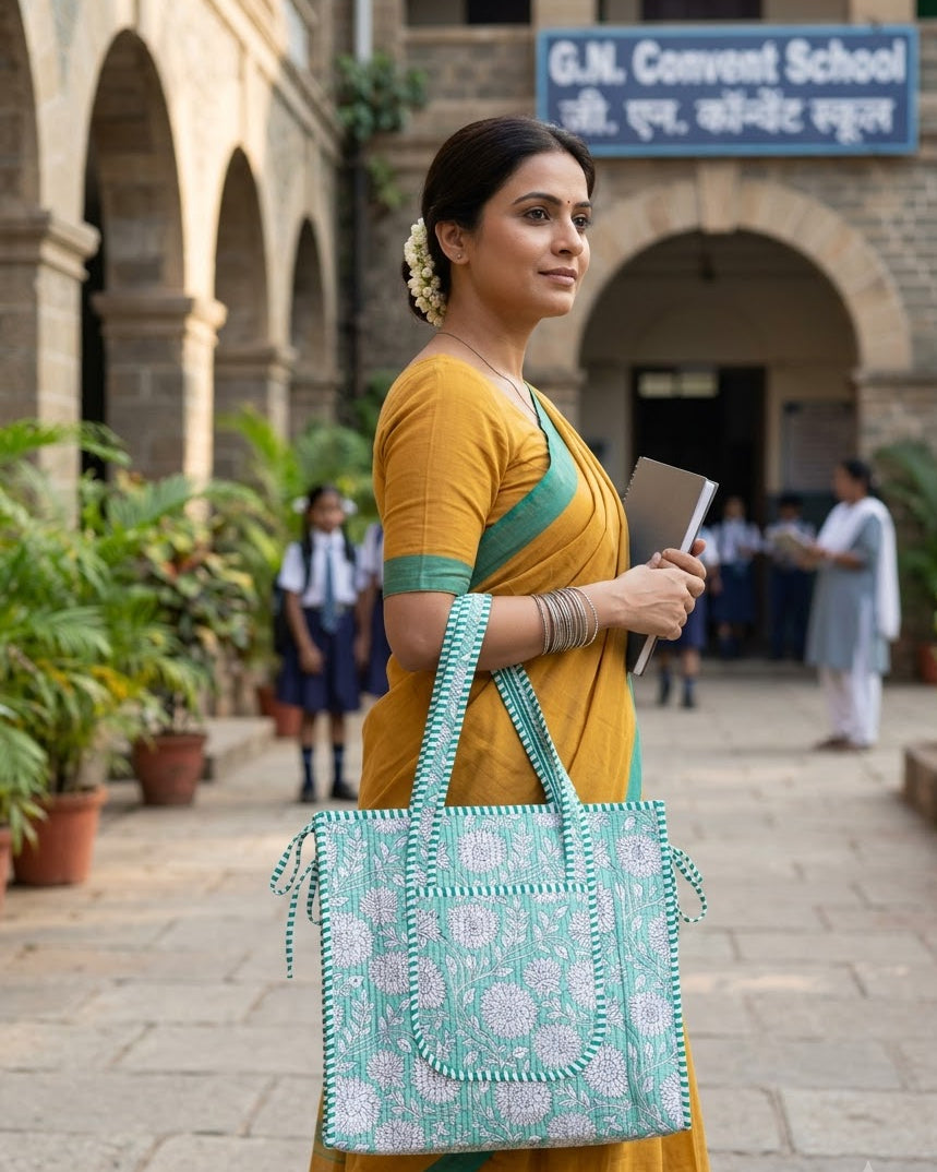 Mint Bloom Quilted Tote