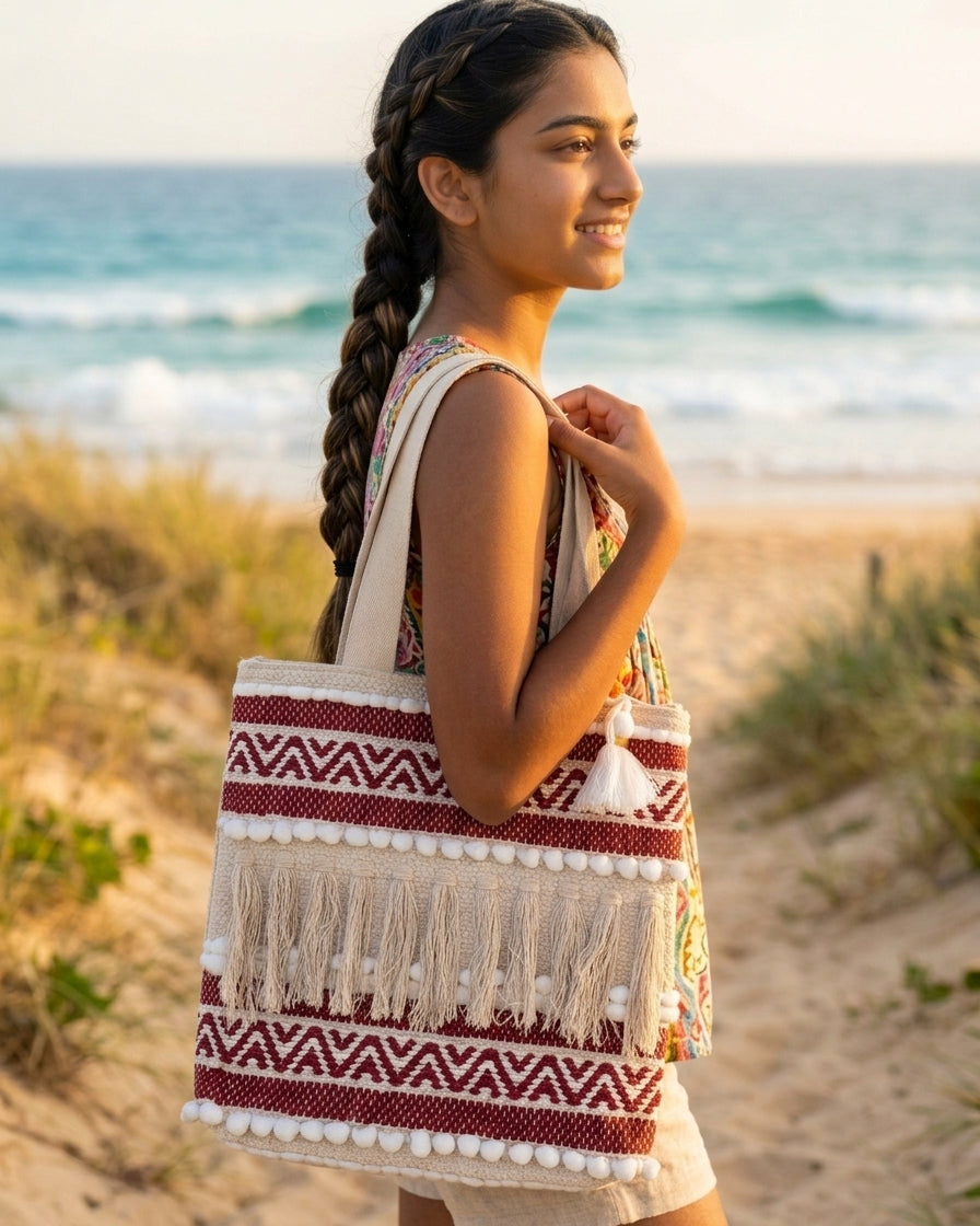 Maroon Geo Handloom Tote
