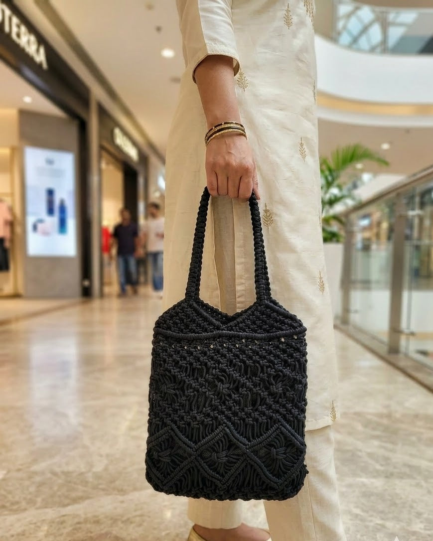 Black Macrame Zipper Tote