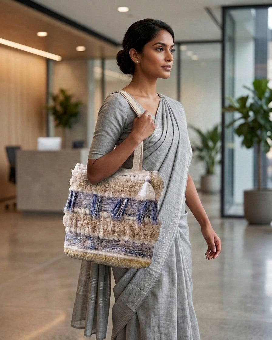 Blue Textured Handloom Tote