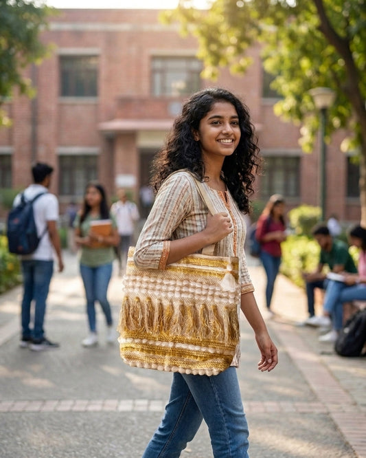 Golden Fringe Handloom Tote